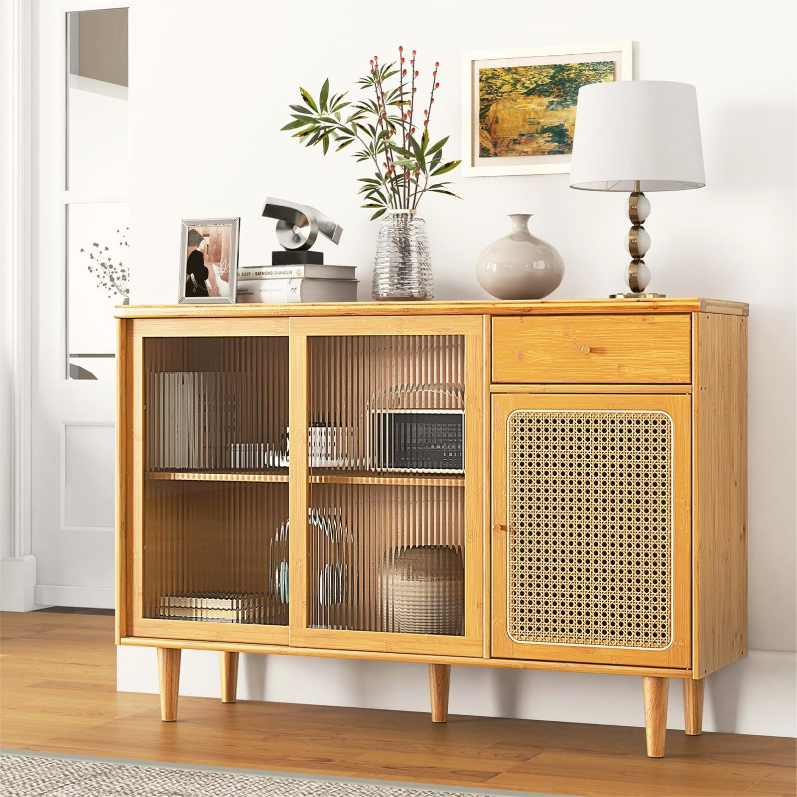 Moccha Buffet Cabinet with Storage, Bamboo Storage Cabinet with Rattan Glass Door Cabinet & Drawer, Farmhouse Kitchen Buffet Sideboard, Boho Console Table Credenza for Living Room Dining Room - WoodArtSupply