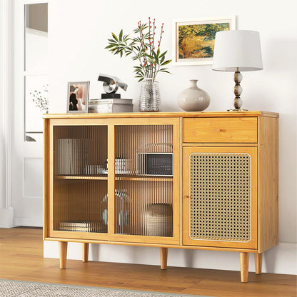 Moccha Buffet Cabinet with Storage, Bamboo Storage Cabinet with Rattan Glass Door Cabinet & Drawer, Farmhouse Kitchen Buffet Sideboard, Boho Console Table Credenza for Living Room Dining Room - WoodArtSupply