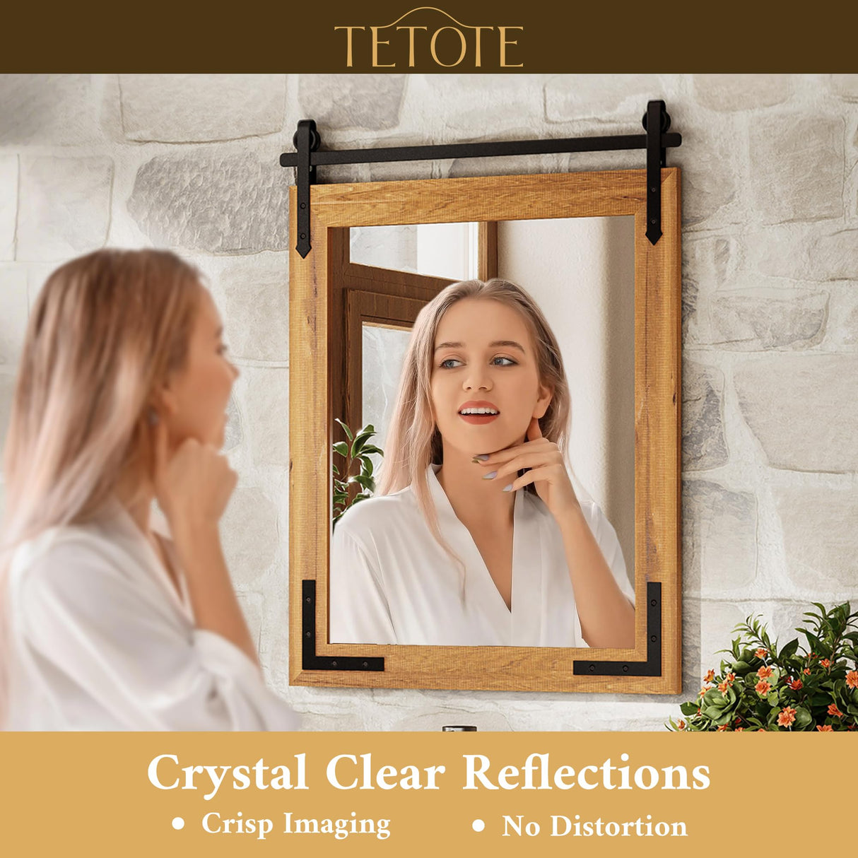 TETOTE 72” x 32” Barn Door Wood Vanity Mirror for Bathroom Sink, Waterproof Rustic Farmhouse Natural Solid Wooden Frame Rectangle Wall Mirror for Living Room Entryway, Fully Assembled TETOTE