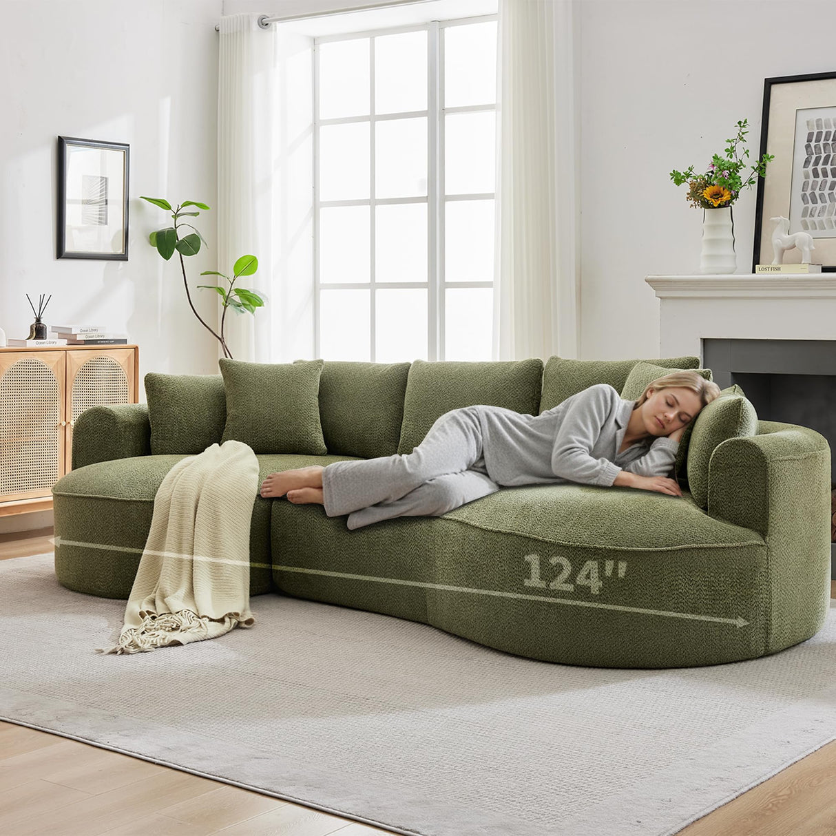 Opiesit 124" Oversized Boneless Couches for Living Room, Sectional Curved Sofa with 7 Pillows, L-Shape Boneless Couch with Deep Seat, High-Density Memory Foam, No Assembly Required, Chenille (Green) Opiesit