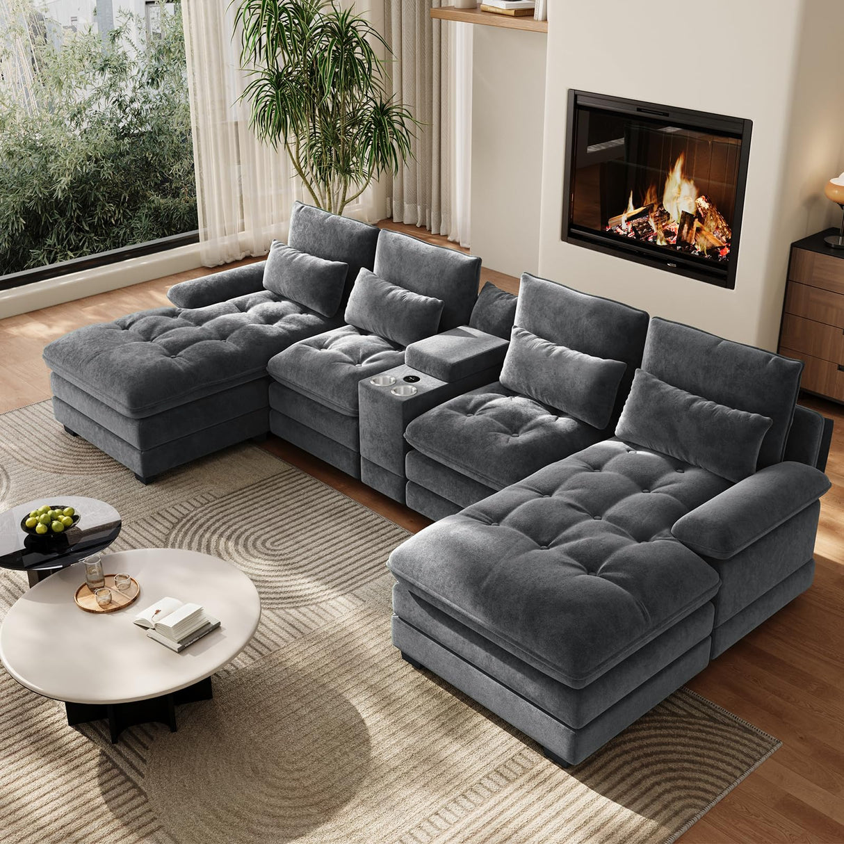 OUYESSIR 134" U Shaped Sectional Cloud Couch,Tufted Couch with Chaise Lounge,Fluffy Grey Sectional Couches for Living Room,Comfy Chenille Modular Sofa with Central Console & USB Port OUYESSIR