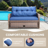 Bellefurn Patio Rattan Daybed, Wicker Recliner Loveseat for Two with Multifunctional Recliner and Stowable Side Tray, 5 Level Adjustable Backrest (Brown Wicker/Blue Cushion) Bellefurn