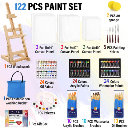 ESRICH 122PCS Professional Painting Set with 1 Wood Easel,72Colors (24 Acrylic Paint, 24 Watercolor,24 Oil) Paint Set, Brushes, Canvases, Painting Supplies Kit for Kids,Students, Artists and Beginner