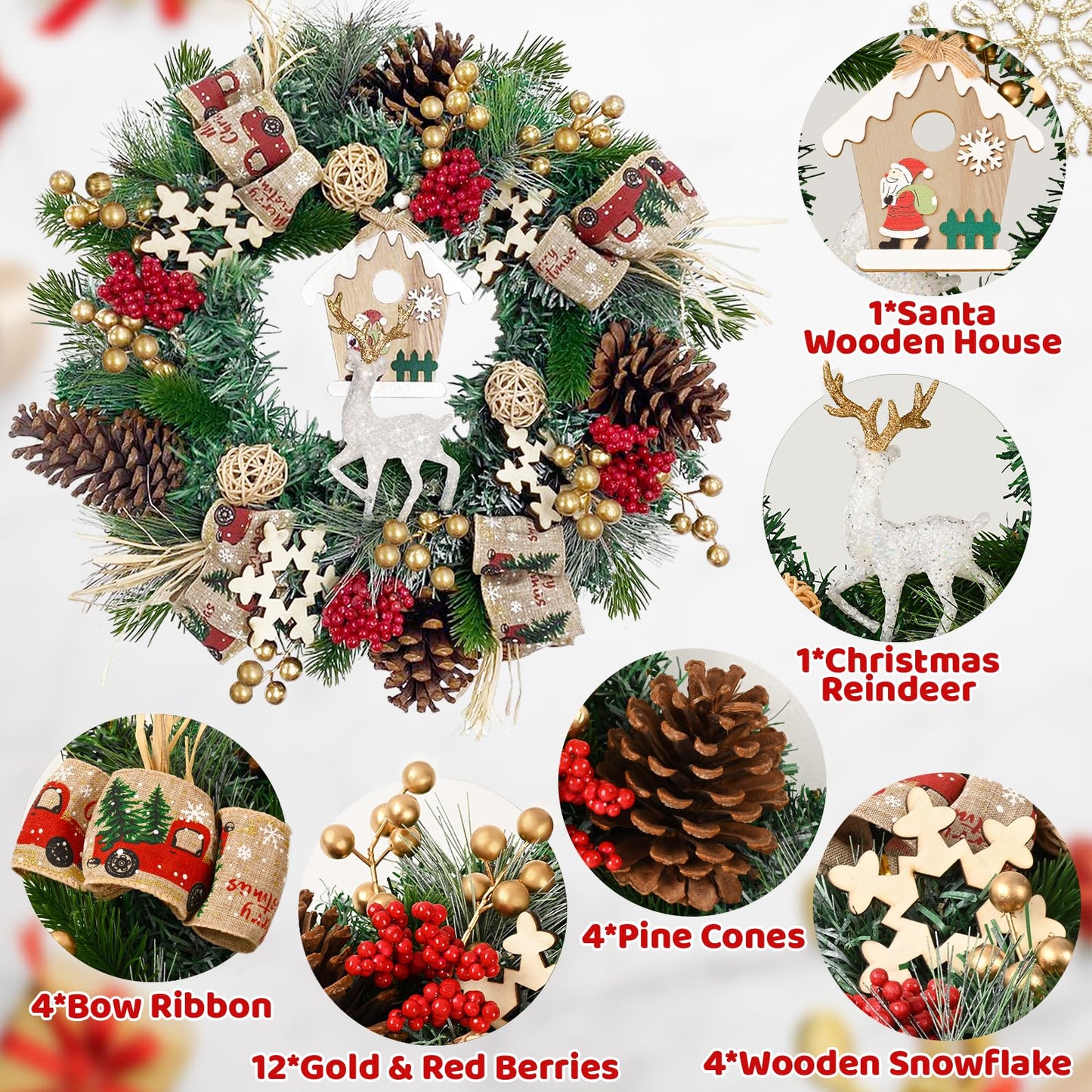 Christmas Wreaths for Front Door - Christmas Wreath with Christmas Reindeer, 16" Christmas Door Wreath with Santa Wooden House Bow Snowflakes Berries Pine Cones for Home Xmas Decor