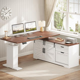 SEDETA Farmhouse L Shaped Standing Desk, 55 inch Height Adjustable Corner Desk with Storage Drawers, Standing Computer Desks with Power Outlets for Home Office, White SEDETA