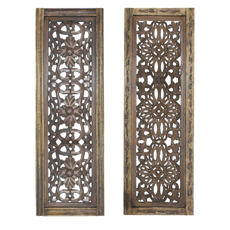 TUP The Urban Port Floral Hand Carved Wooden Wall Panels, Assortment of Two, Rustic Brown TUP THE URBAN PORT