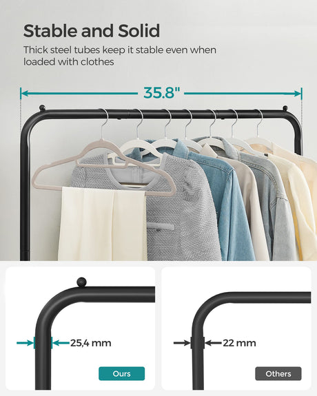 SONGMICS Clothes Rack with Wheels, Clothing Rack for Hanging Clothes, 25.4 mm Metal Garment Rack with Dense Mesh Storage Shelf, 110 lb Load Capacity, 2 Brakes, Black UHSR25BK SONGMICS