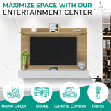 Modern Freestanding Floating Entertainment Center Floating TV Stand Wall Mounted TV Wall Panel for 75 inch TVs Home Theater with LED Strip Pull - Out Drawers and Overhead Shelf Natural Naomi Home