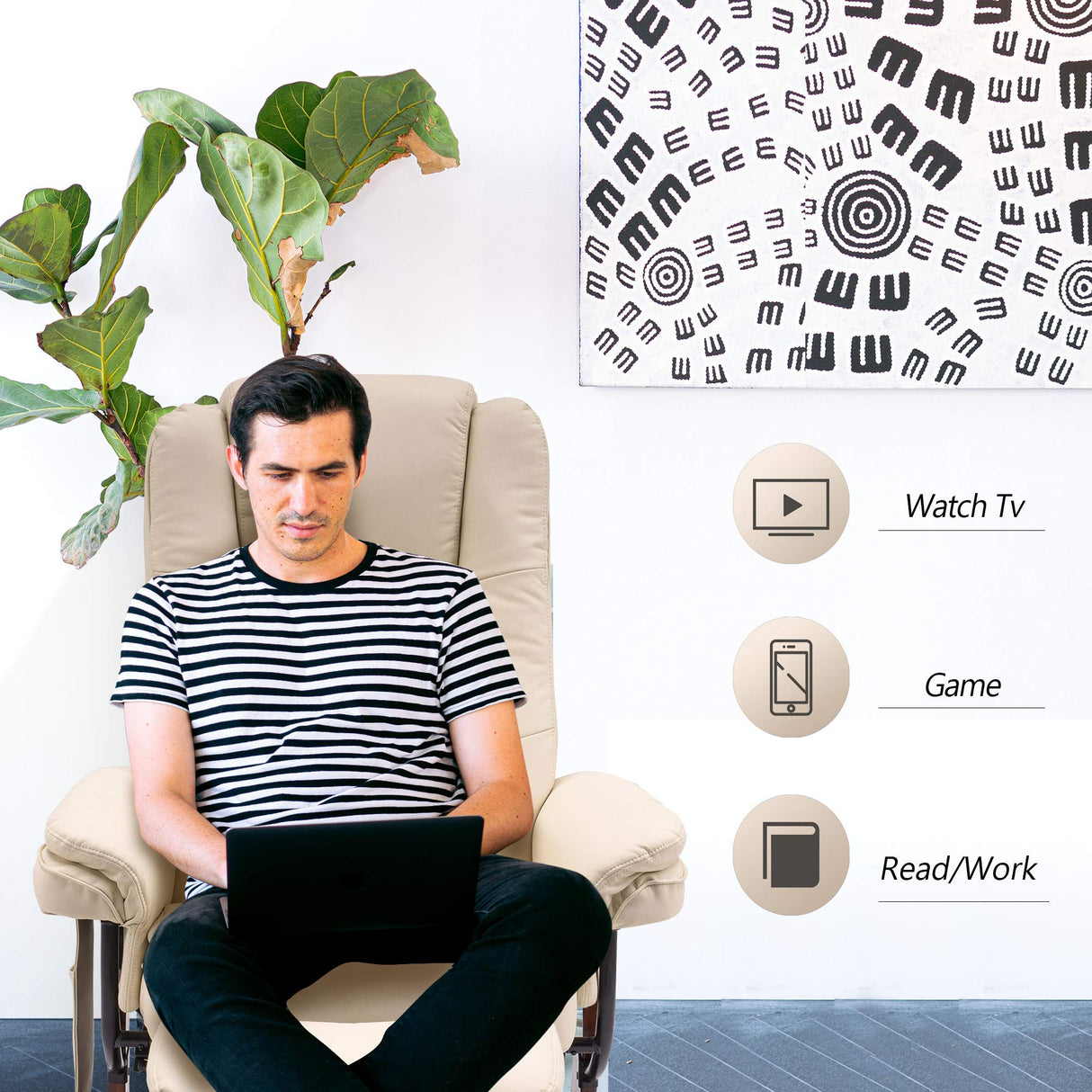 MCombo Swivel Recliner with Ottoman Chair, TV Chair Sets with Vibration Massage, for Small Space Living Room Bedroom 9096 9099 (Faux Leather, Cream White) MCombo