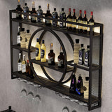 OMKUOSYA Wall Mounted Wine Rack, Metal 3-Tier Large Capacity Hanging Bar Shelves with Glass Holder, Round Wine Bottle Storage Display Shelf for Kitchen, Living Room, Home (Black, 39.4in/100cm) OMKUOSYA
