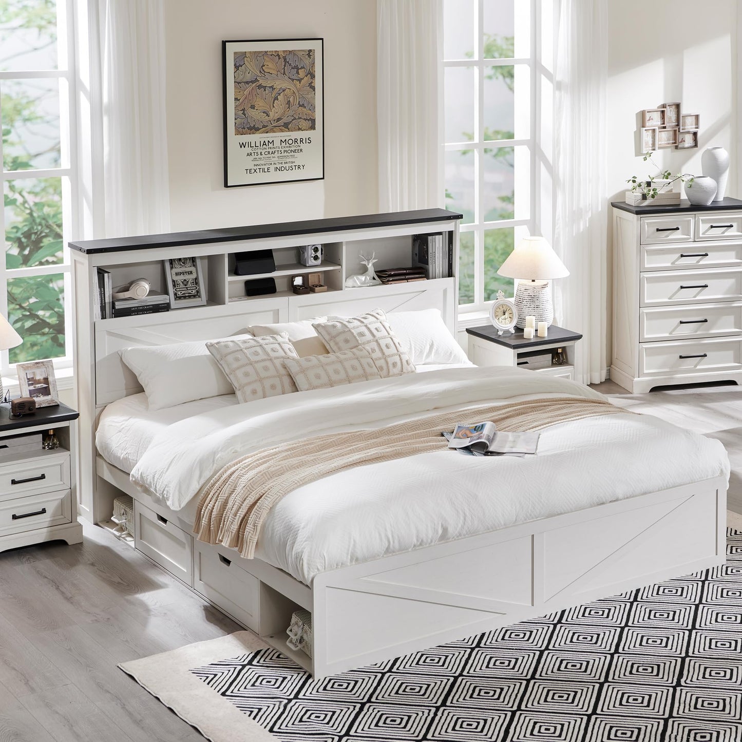 ACCOHOHO Luxury White King Size Farmhouse Wood Bed Frame with 52" Storage Headboard, LED Light, Charging Station & 4 Drawers - WoodArtSupply