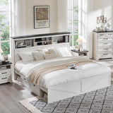 ACCOHOHO Luxury White King Size Farmhouse Wood Bed Frame with 52" Storage Headboard, LED Light, Charging Station & 4 Drawers ACCOHOHO