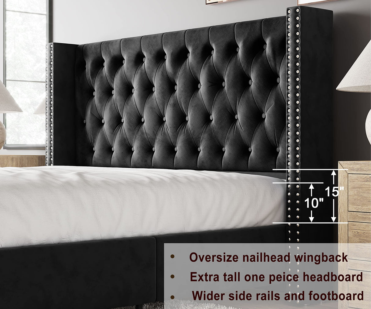 Jocisland King Bed Frame Upholstered Bed Wingback Headboard Velvet Tufted Diamond Button/No Box Spring Needed/Easy Assembly/Black Jocisland