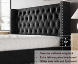 Jocisland King Bed Frame Upholstered Bed Wingback Headboard Velvet Tufted Diamond Button/No Box Spring Needed/Easy Assembly/Black Jocisland