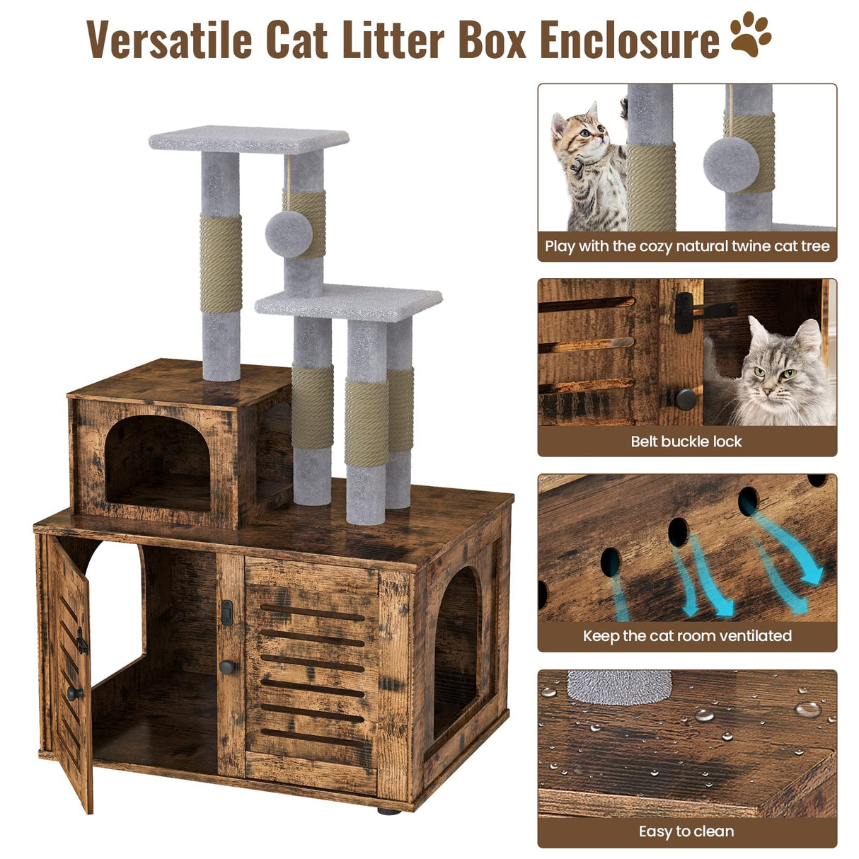 Recaceik Cat Litter Box Enclosure with Cat Tree, Hidden Cat Washroom Furniture with Divider, Wooden Cat House with Platform, Scratching Post and Soft Plush Perch, Indoor Pet Cabinet,Rustic Brown Recaceik