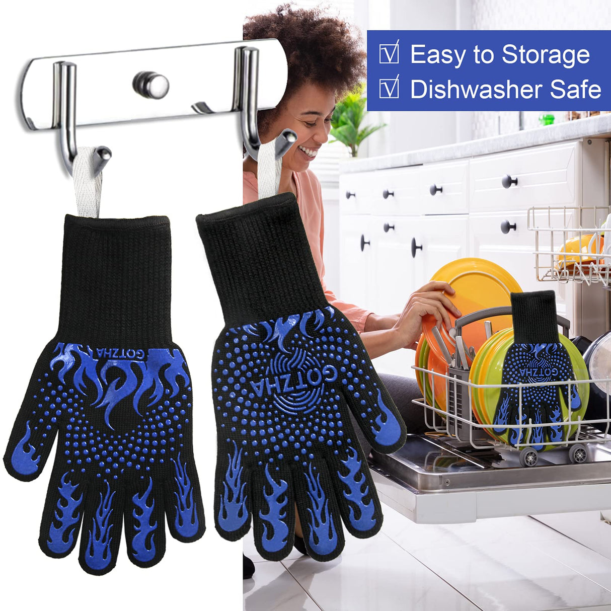 BBQ Gloves for Smoker, 1472℉ Extreme Heat Resistant Gloves, 14 Inch Silicone Non-Slip Grill Gloves with Extra Long Cuff, Safe Oven Gloves for Barbecue, Fryer, Baking, Outdoor Camping (Blue) GOTZHA