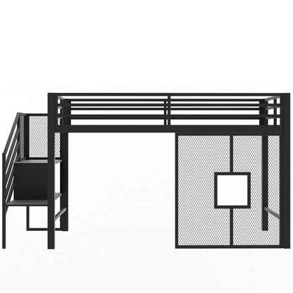 Ziraukon Twin Size Loft Bed, Metal Low Loft Bed Frame with Storage Staircase and Iron mesh, Loft Bed Twin Size with Storage Steps and Safety Guardrails, No Box Spring Needed, Black