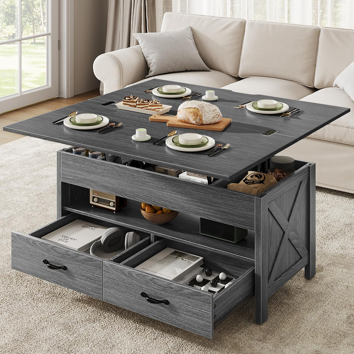 Marsail Lift-Top Coffee Table, 4-in-1 Multi-Functional Center Table with Hidden Compartment, 2 Drawers & Open Shelf, Adjustable Height for Living Room Office, Gray Marsail