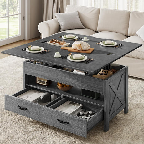 Marsail Lift-Top Coffee Table, 4-in-1 Multi-Functional Center Table with Hidden Compartment, 2 Drawers & Open Shelf, Adjustable Height for Living Room Office, Gray Marsail