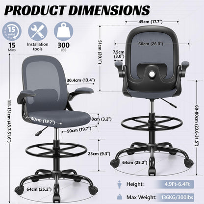 AtHope Drafting Chair, Tall Office Chair Ergonomic Standing Desk Chair,with Adjustable Footrest Ring, 3D Lumbar Support, Flip-up Armrests, Swivel Desk Stool for Drawing Working (Dark Gray) - WoodArtSupply