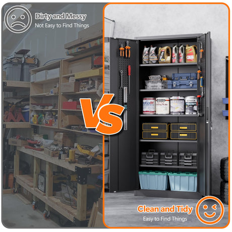 Aobabo 71" H×32" W×16" D Metal Storage Cabinet with 5 Adjustable Shelves, Locking Garage Storage Cabinet with Pegboards and 4 Hooks for Garage, Office, Black, Assembly Required Aobabo