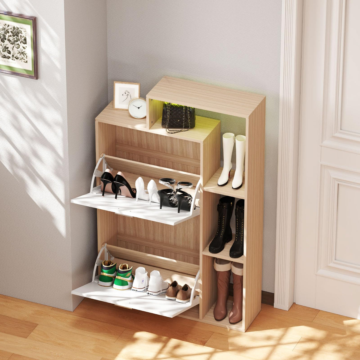 Bonzy Home Shoe Cabinet with 2 Flip Drawers, Modern Hidden Shoe Storage with LED Light, Freestanding Shoe Organizer Cabinet for Entryway, Hallway, Oak & White Bonzy Home