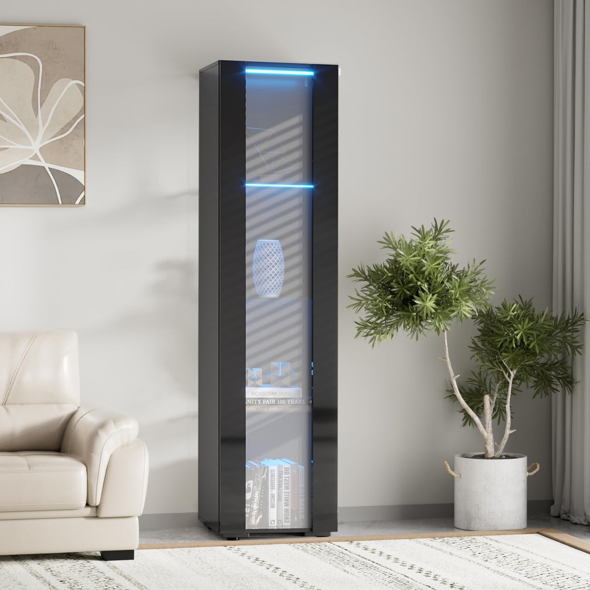 Pvillez 67" LED Display Cabinet with 4 Glass Shelves & 1 Door, Modern Curio Cabinet Collection Display Case Storage Cabinet, High Gloss Floor Standing Bookshelf for Living Room Bedroom Office (Black) Pvillez