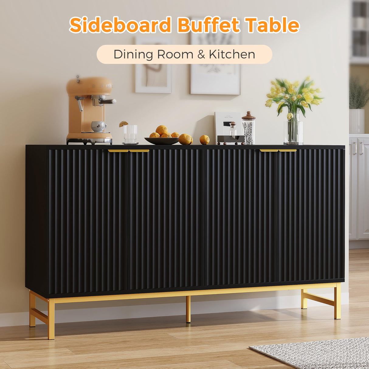 Luoxiao Fluted Sideboard Buffet 55" Console Table for Entryway Modern Credenza Accent Cabinet with Adjustable Shelves Coffee Bar Cabinet for Living Room, Kitchen, Dining Room,Hallway Black Luoxiao