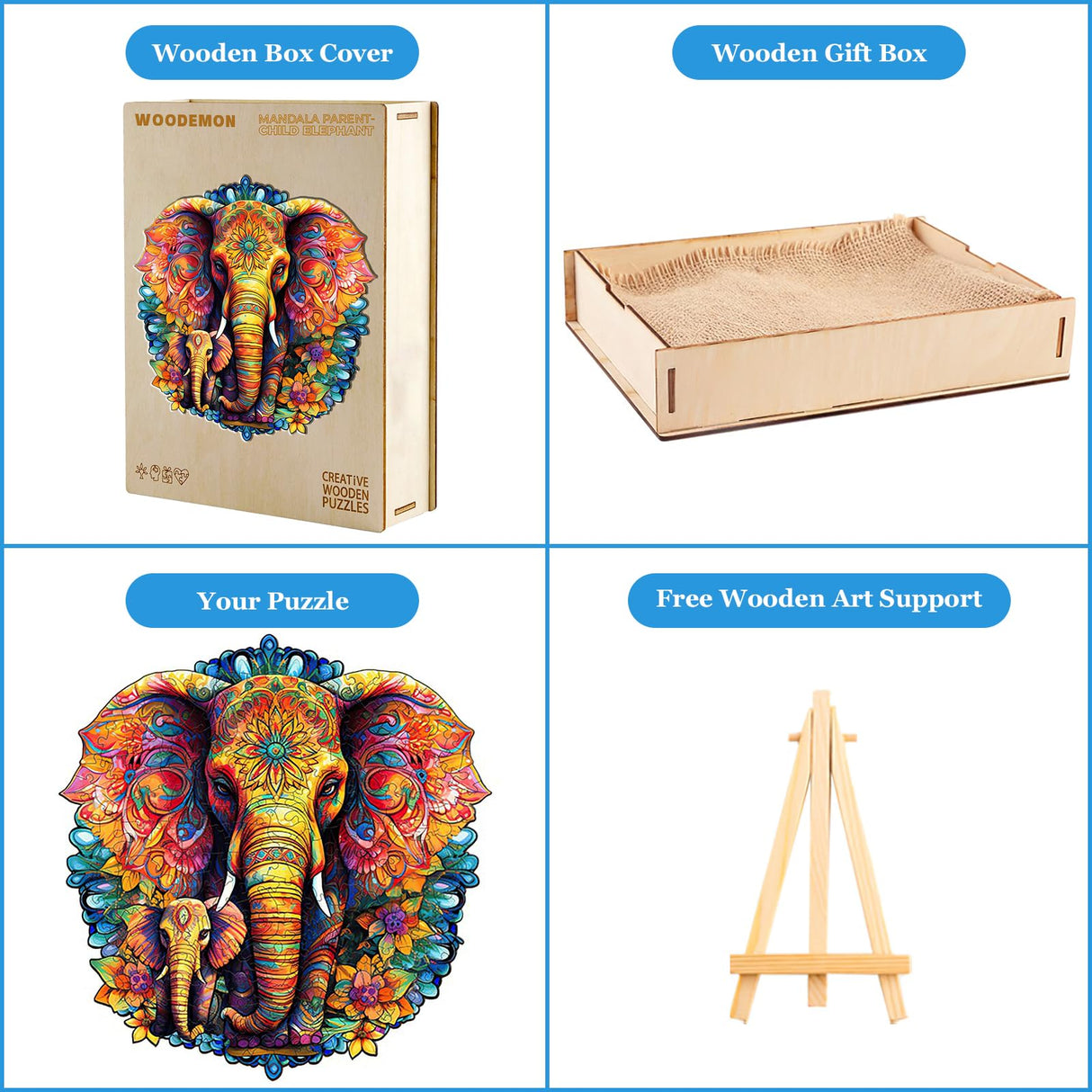 Woodemon Wooden Puzzles for Adults, Mandala Elephant (M-200pcs) Wooden Jigsaw Puzzles Kids, 9.6 * 9.3in Unique Shaped Animal Wood Puzzles Adults, Xmas Christmas Puzzles Birthday Gifts Family Games Woodemon