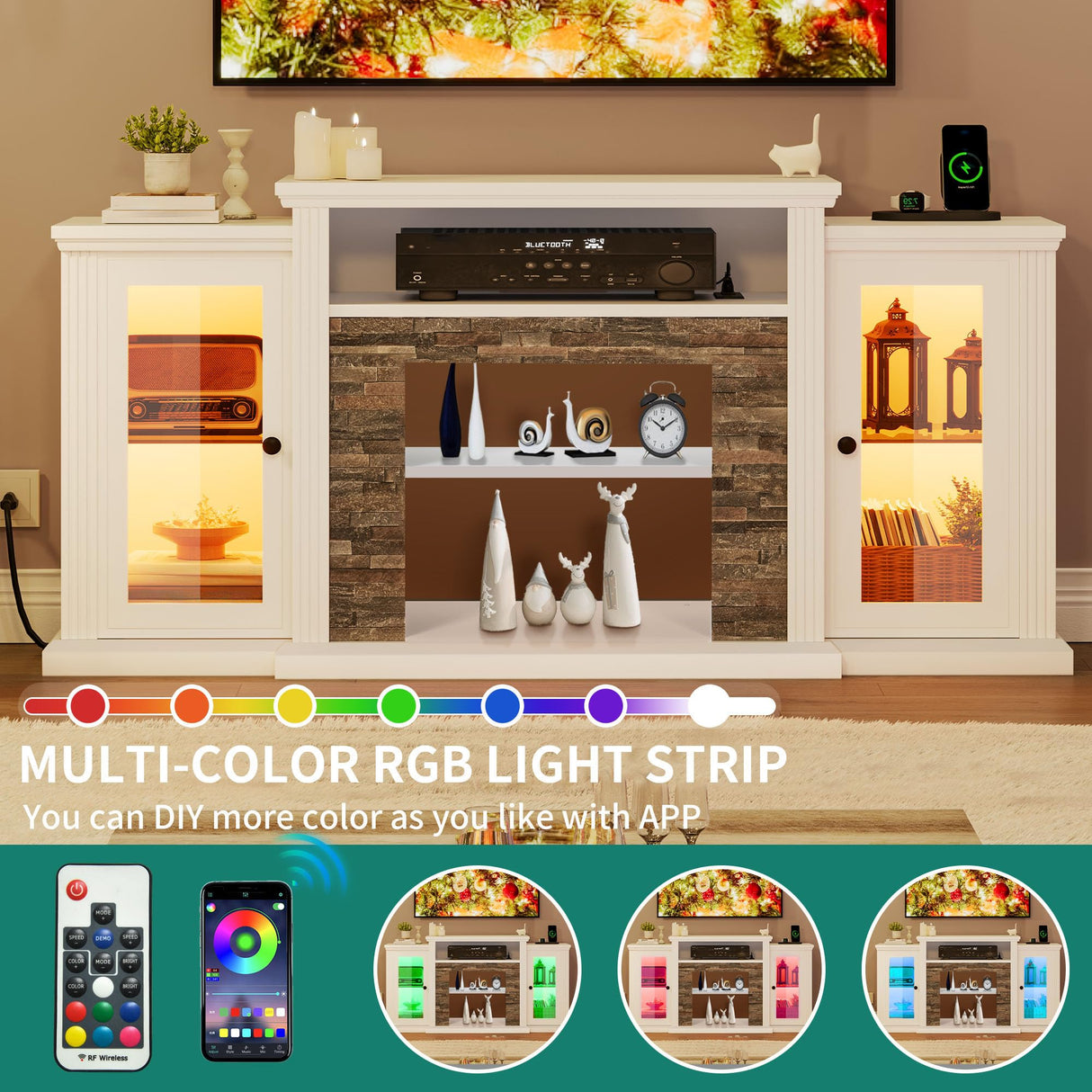 YITAHOME Modern TV Stand for 65 Inch TV, LED Entertainment Center with Power Outlets, Media Console TV Cabinet with Adjustable Shelves & Glass Door for Living Room, White, 59'' TV Stand YITAHOME