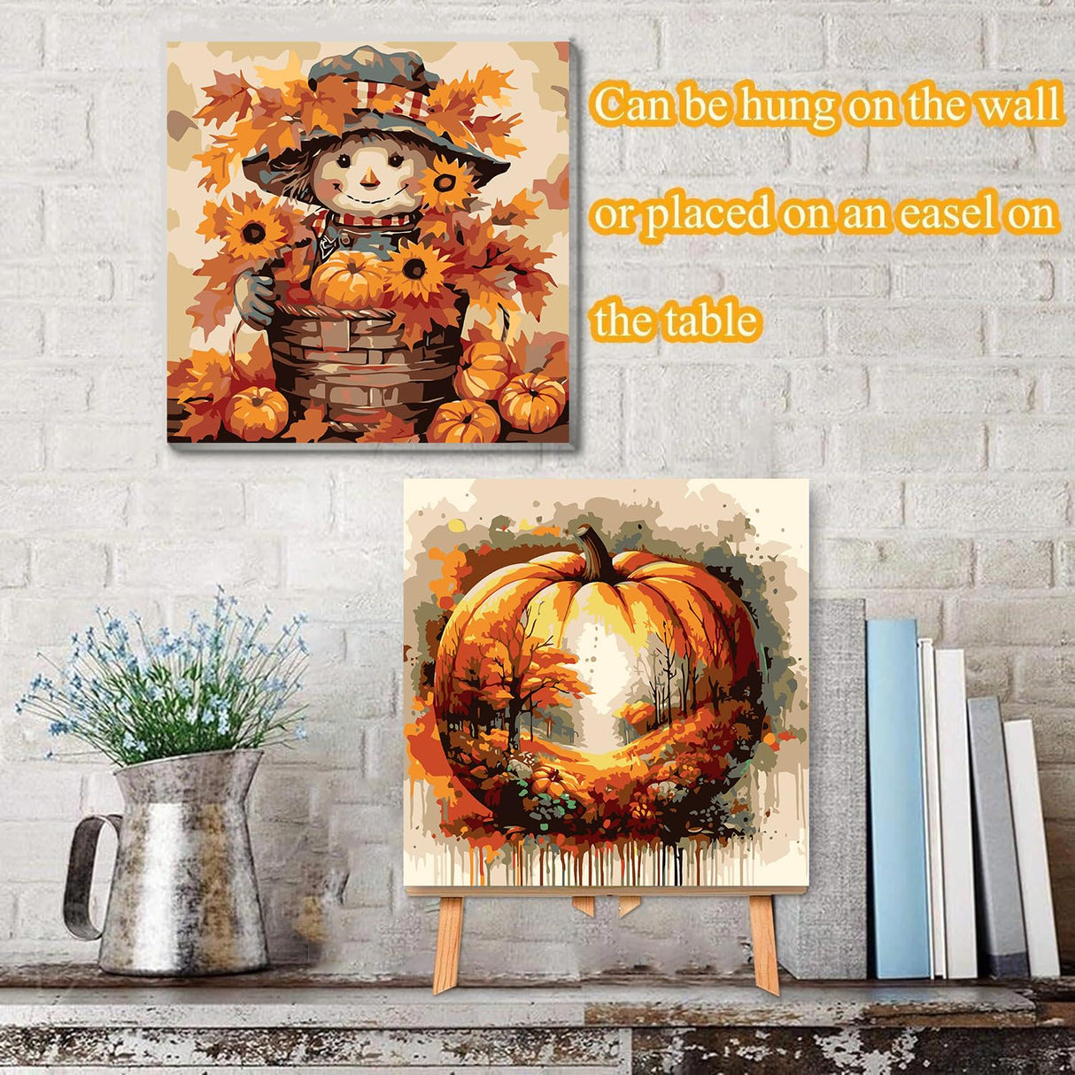 VIGEGU 4 Pack Thanksgiving Paint by Numbers Kit for Adults with Framed,Fall Pumpkin Paint by Number with Wooden Easel DIY Autumn Scarecrow Truck Adult Paint by Number Kits for Wall Decor 10x10in VIGEGU
