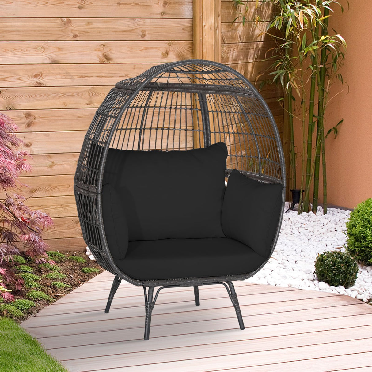 Tangkula PE Wicker Egg Chair, Patiojoy Oversized Indoor Outdoor Patio Lounge Chair with Cushions and Pillows, Steel Frame Basket Chair for Garden, Deck, Balcony, Living Room (Black) Tangkula