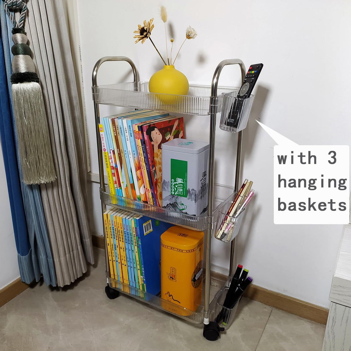 TENBOAT Narrow Places 3 Tier Transparent Bathroom Rolling Storage Cart Clear Toilet Side Storage Shelf Tight Spaces Organizer Rack Mobile Shelving Unit with Wheels Utility Cart (Mini Size) TENBOAT