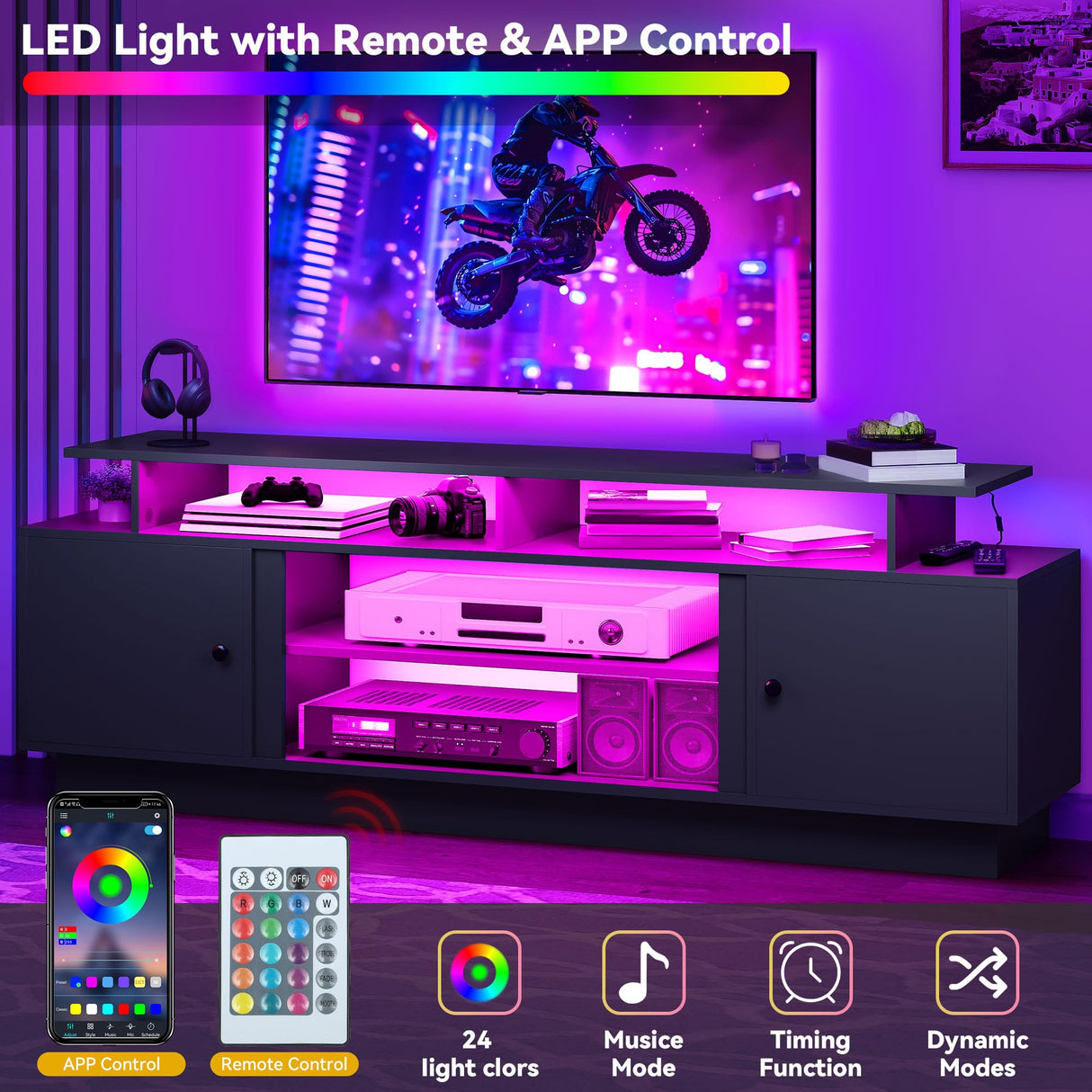 DWVO Modern TV Stand for 65/75 Inch TVs, Entertainment Center with LED Lights, TV Shelf with Storage Cabinets & Movable Partition, TV Console for Living Room, Black DWVO