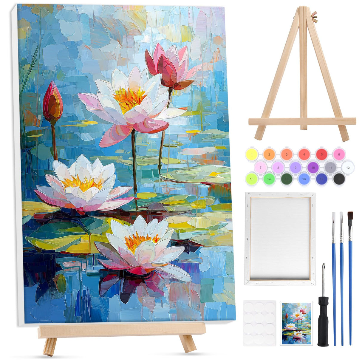 Bowetile Framed Paint by Numbers for Adults Beginners with Wooden Easel, Flowers Lotus Adults' Paint-by-Number Kits on Canvas, Easy DIY Acrylic Number Painting for Home Decor Birthday Gifts, 8x12in Bowetile