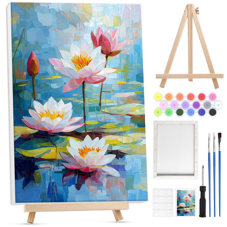 Bowetile Framed Paint by Numbers for Adults Beginners with Wooden Easel, Flowers Lotus Adults' Paint-by-Number Kits on Canvas, Easy DIY Acrylic Number Painting for Home Decor Birthday Gifts, 8x12in Bowetile