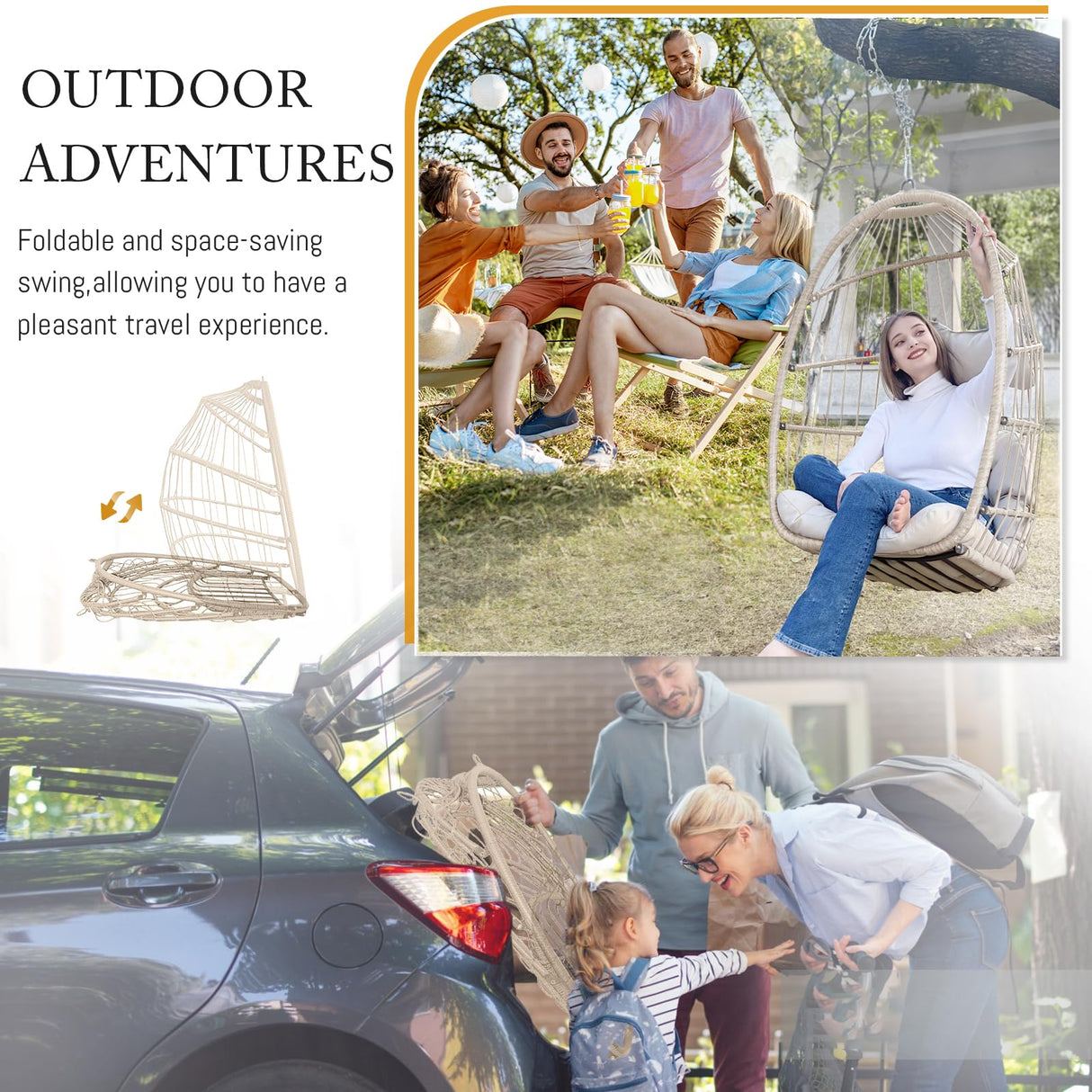 Swing Egg Chair Without Stand Indoor Outdoor Wicker Rattan Patio Basket Hanging Chair no Stand with UV Resistant Cushions 265lbs Capacity for Bedroom Balcony Patio (Beige) BULEXYARD