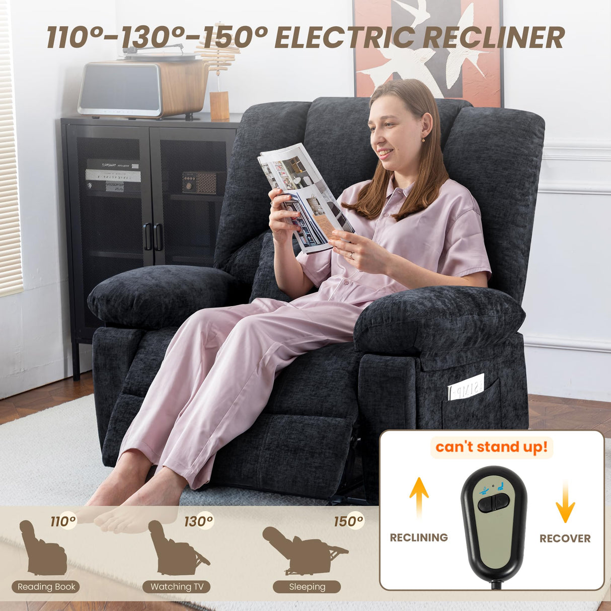 HOMYEDAMIC Oversized Power Recliner Chair 350lb with Hidable Cup Holders, Extra Wide Large Big Electric Recliner Chair with Lumbar Support Pillow Nursery Chair Living Room (Power, Black) HOMYEDAMIC