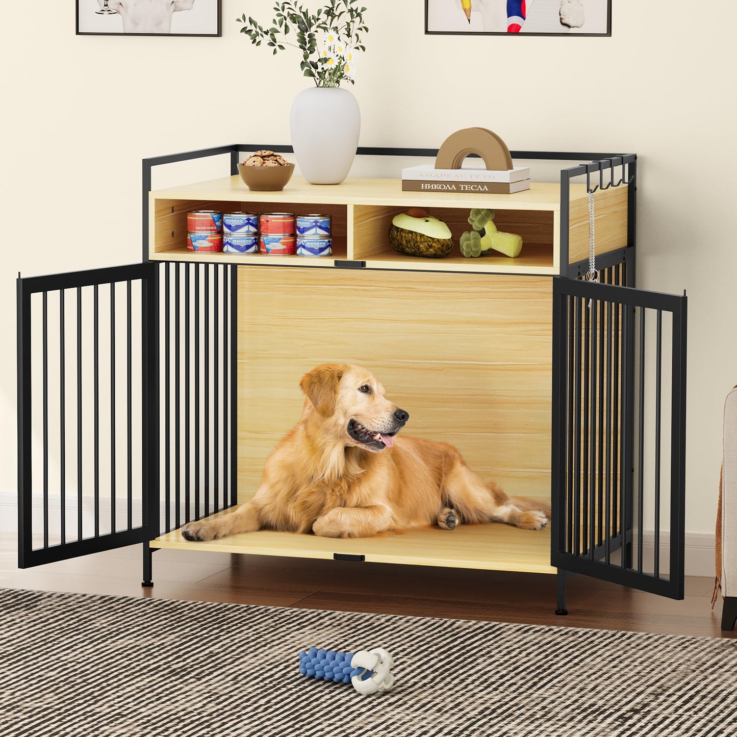 YITAHOME Large Dog Crate, 41" Heavy Duty Dog Kennel with 2 Drawers End Table, Wooden Dog Cage Indoor Dog House Pet Crate Table with Double Doors for Large Medium Small Dogs, Walnut Color - WoodArtSupply