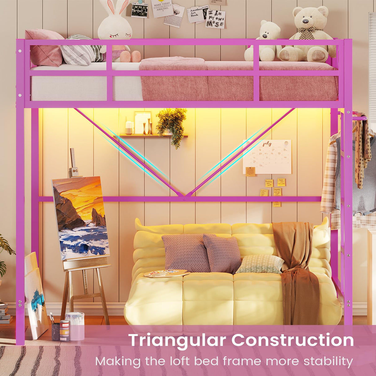 Hasuit Twin Metal Loft Bed with LED Lights, Loft Bed Twin Size with Full-Length Guardrail &Clothes Rack, Heavy Duty Loft Bed Twin Frame, Space-Saving, Noise Free, No Box Spring Needed, Pink Hasuit
