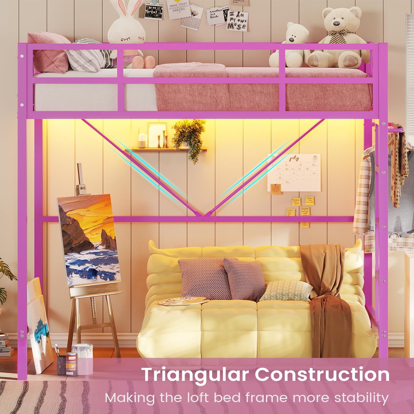 Hasuit Twin Metal Loft Bed with LED Lights, Loft Bed Twin Size with Full-Length Guardrail &Clothes Rack, Heavy Duty Loft Bed Twin Frame, Space-Saving, Noise Free, No Box Spring Needed, Pink