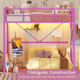 Hasuit Twin Metal Loft Bed with LED Lights, Loft Bed Twin Size with Full-Length Guardrail &Clothes Rack, Heavy Duty Loft Bed Twin Frame, Space-Saving, Noise Free, No Box Spring Needed, Pink Hasuit