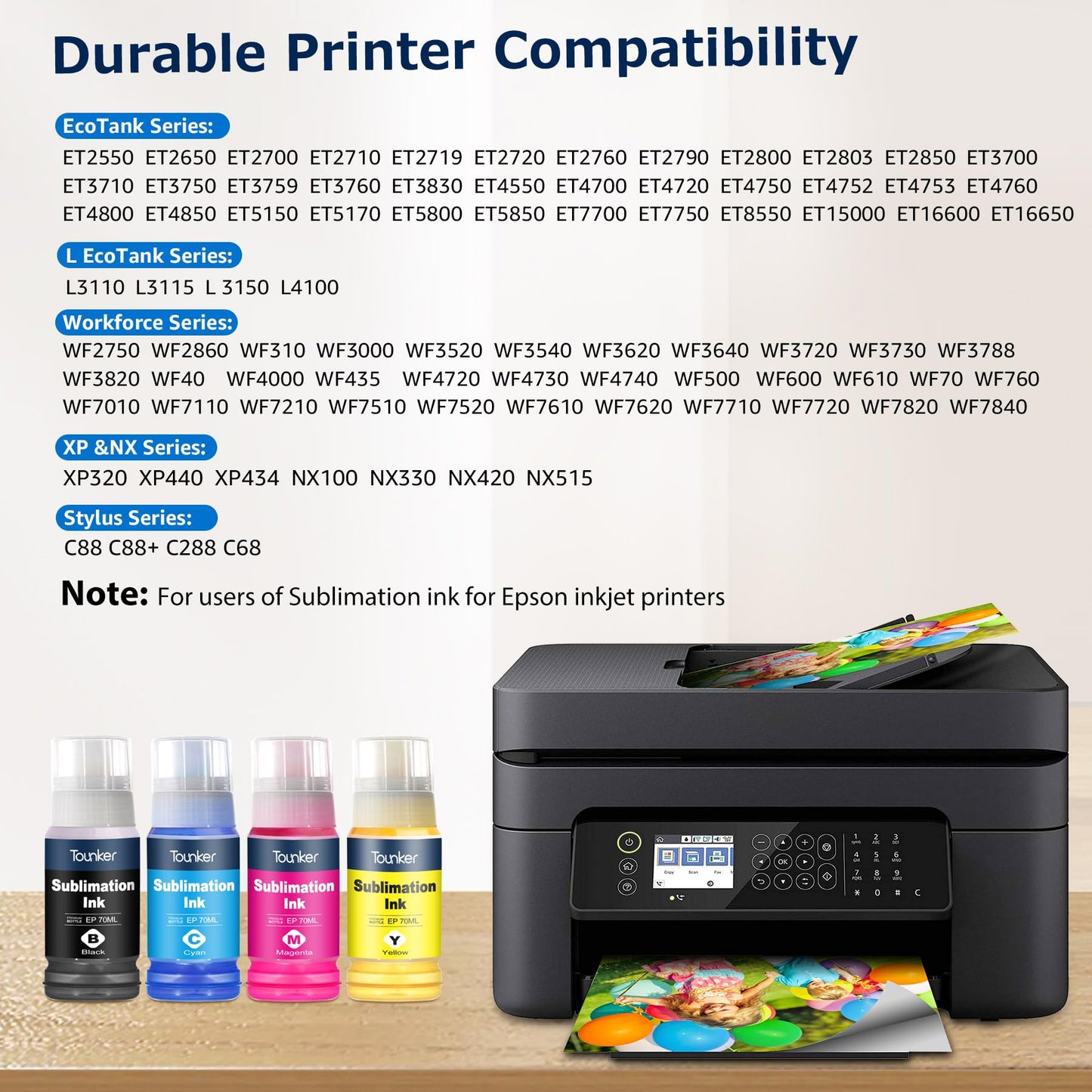 Tounker Sublimation Ink for EcoTank Supertank Inkjet Printer ET-2400 ET-2720 ET-2760 ET-2750 ET-2800 ET-2803 ET-4800 ET-3760 ET-2850 WF-7720 ET-15000 Heat Press Transfer on Mugs, Polyester Shirts etc