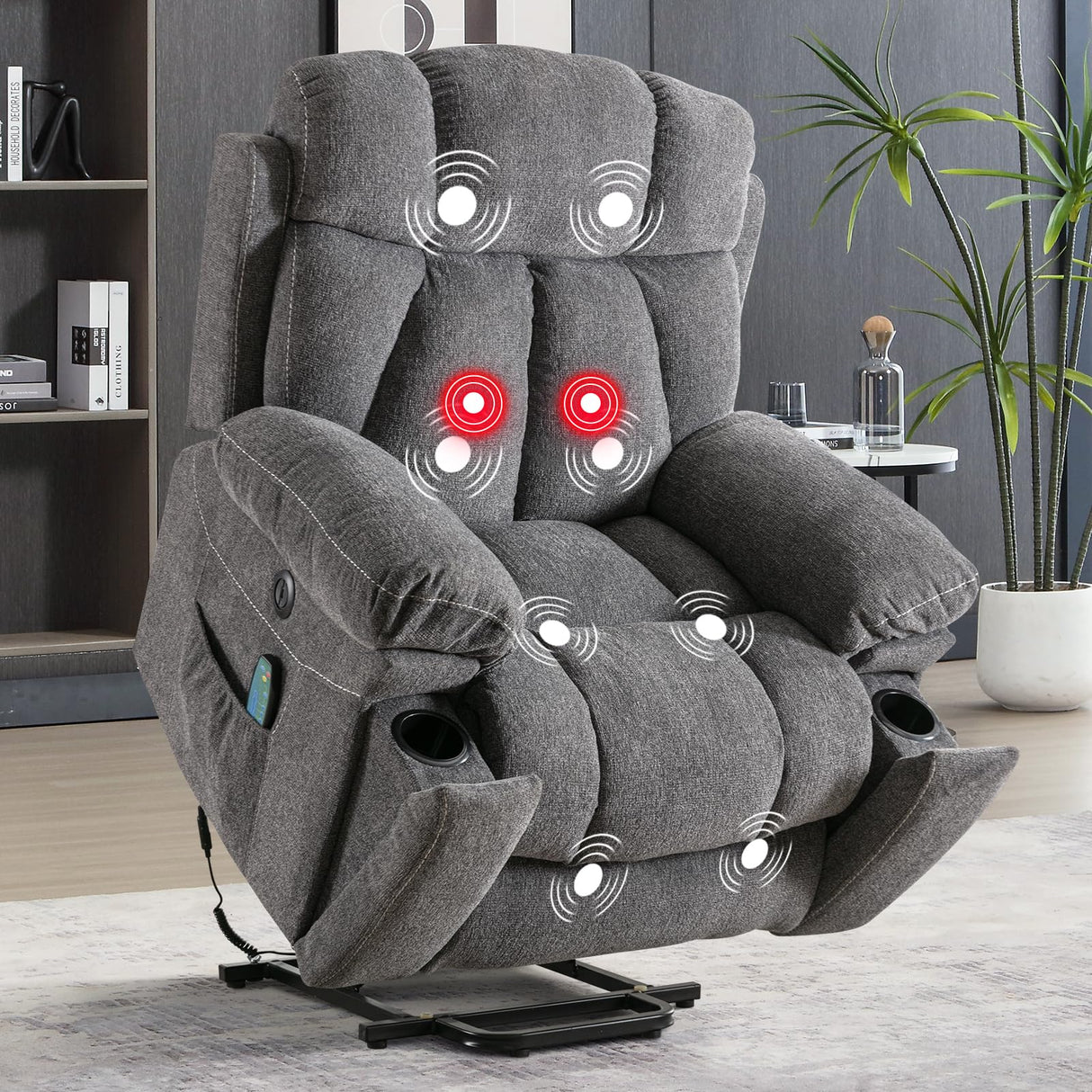 Phoenix Home Large Power Lift Recliner Chair with Massage and Heat for Elderly, Overstuffed Wide Recliners with 2 Cup Holders, Side Pocket and USB Port, Dark Gray Phoenix Home