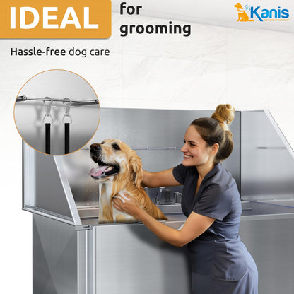 KANIS Professional Stainless Steel Dog Bathing Station - Dog Grooming Tub w/Ramp, Storage Drawer, Floor Grate & Faucet/Dog Bathtub for Large, Medium & Small Pets (50", Left RAMP - 1 Drawer)