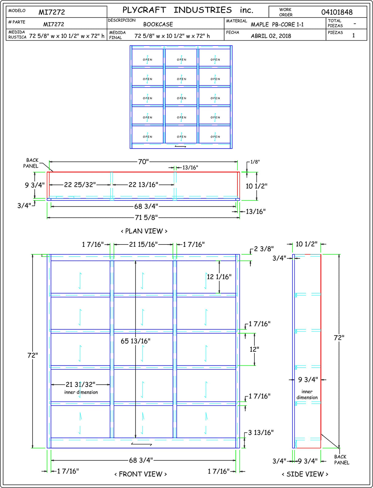 Concepts In Wood Traditional 72inches Tall 15-Shelf Triple Wide Wood Bookcase, Dry Oak Concepts In Wood
