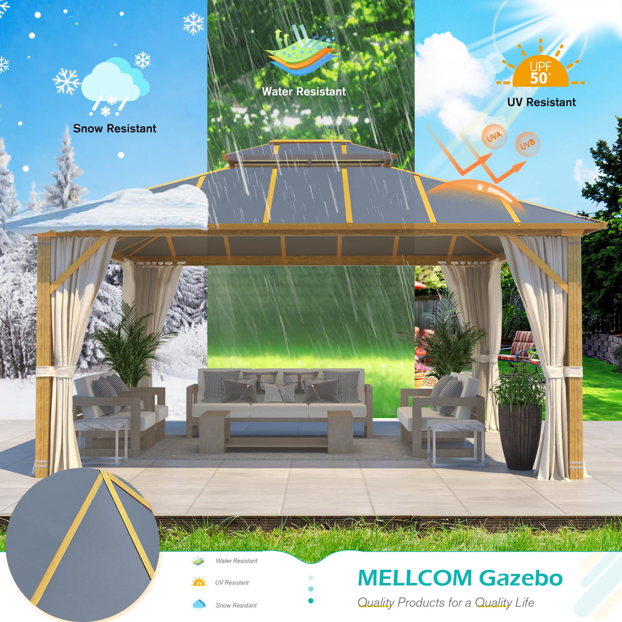 MELLCOM 12x14FT Hardtop Gazebo,Wooden Finish Coated Aluminum Patio Gazebo with Aluminum Composite Double Roof for Patio Lawn and Garden, Curtains and Netting Included MELLCOM