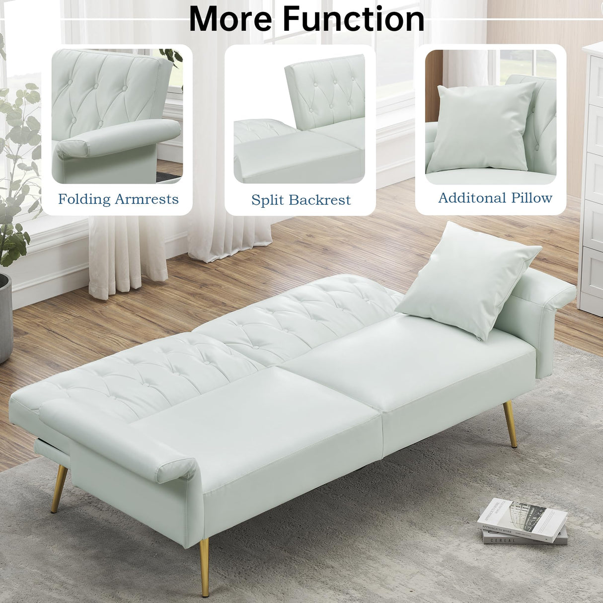 Ball & Cast 61.4"/67.71" Faux Leather Upholstered Sleeper Sofa Bed,Convertible Loveseat Couch w/Pillow&Adjustable Arm&Back,Button Tufted Modern Futon Daybed for Apartment Office,White Ball & Cast