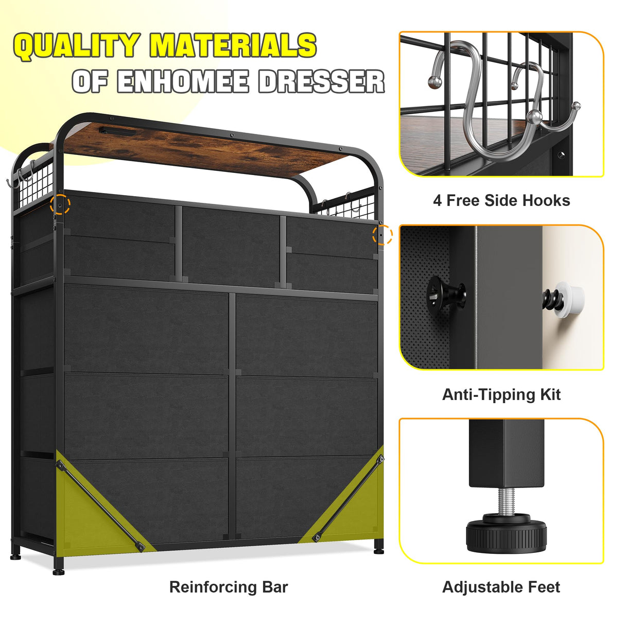 EnHomee Dresser with LED Lights & Charging Station, Dresser for Bedroom with 2 Tier Shelves & 4 Hooks, 11 Drawers Dresser, Closet, Living Room, Entryway,Sturdy Frame,Wooden Top, Rustic Brown EnHomee