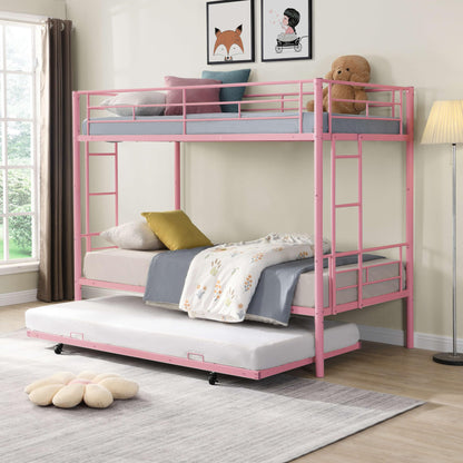 Zyerch Twin Over Twin Bunk Bed with Trundle, 3 Bunk Beds for Kids, Twin Bunk Beds Metal Bed Frame with 2 Ladders & Full Length Guardrail, Noise Free Metal Bunkbeds, Pink